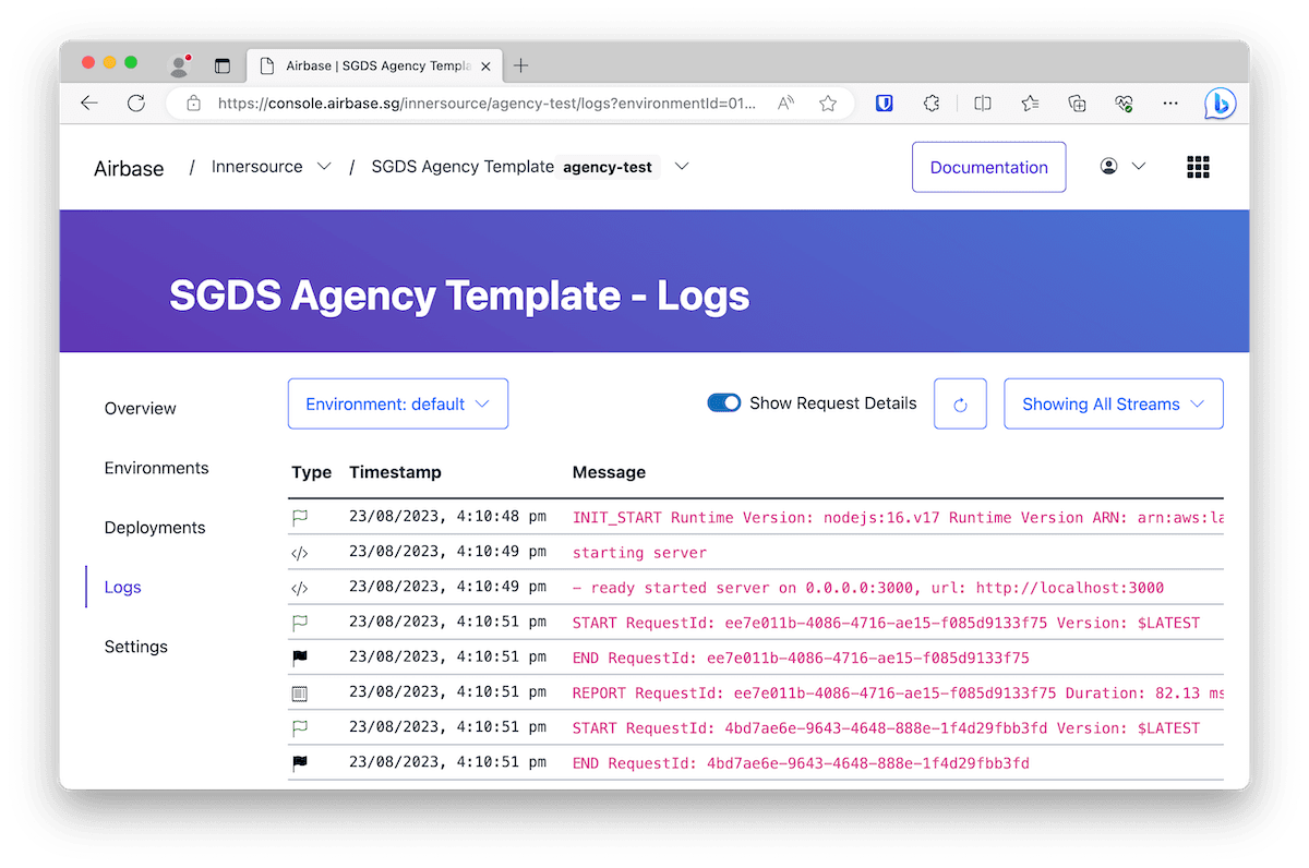 Screenshot of the Logs Viewer in the Airbase Console