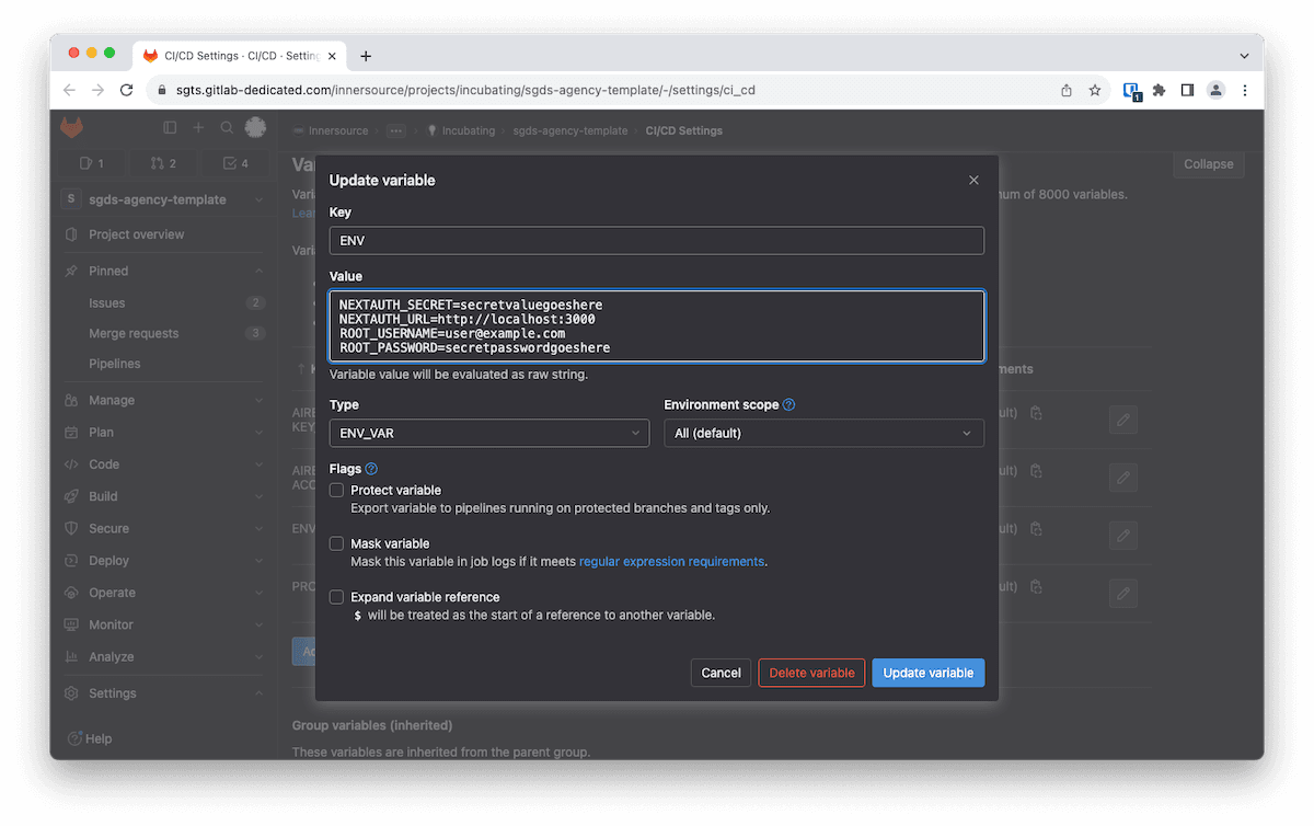 Screenshot of GitLab CI / CD Environment Variables